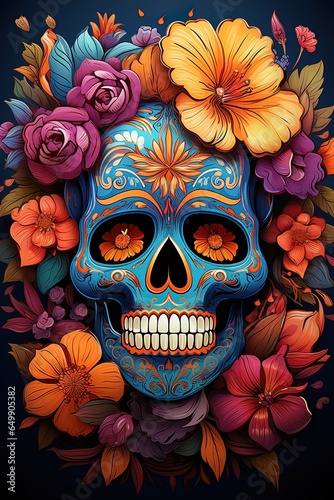 Skull decorated with colorful Day of the Dead motifs surrounded by brightly colored flowers.