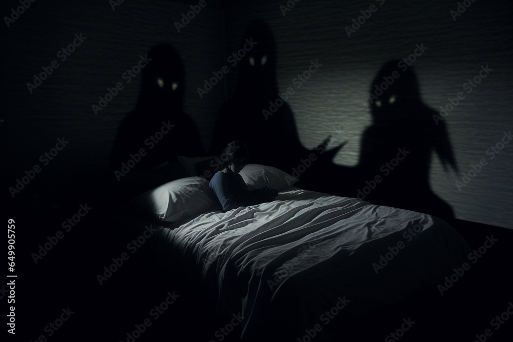 Horror, insomnia, states of mind, nightmares concept. Evil shadow silhouette watching sleeping people. Ghost, devil or scary looking dark figure in sleeping room. Generative AI Horror, insomnia, states of mind, nightmares concept. Evil shadow silhouette watching sleeping people. Ghost, devil or scary looking dark figure in sleeping room. Generative AI