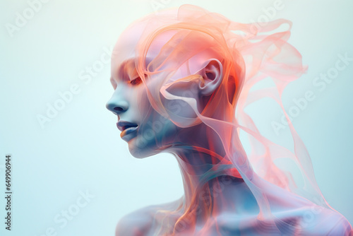 Beauty, make-up and fashion concept. Futuristic and minimalist close-up beautiful woman portrait. Bright model face with sci-fi transparent material on it. Generative AI © Rytis