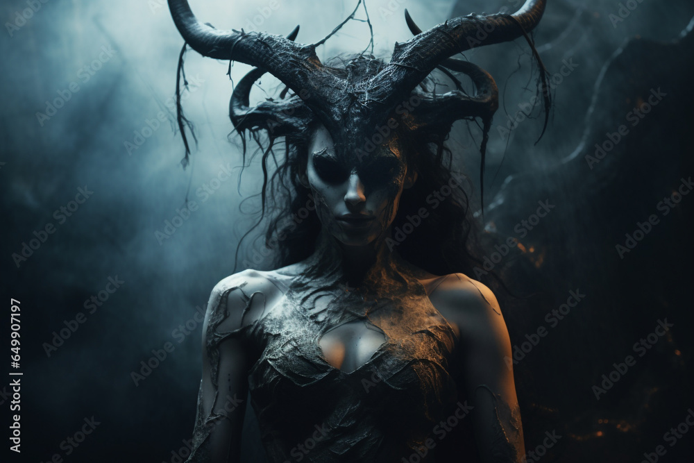 Horror, fantasy, sci-fi, culture and religion, make-up concept. Evil and demonic looking woman with horns and make-up horror and fantasy portrait. Dark moody background. Generative AI - obrazy, fototapety, plakaty 