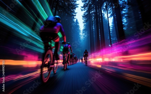 Long time exposure photo of a mountain bicycle race. Generative AI © piai