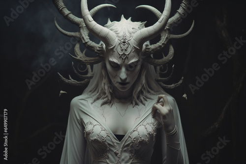 Horror, fantasy, sci-fi, culture and religion, make-up concept. Evil and demonic looking woman with horns and make-up horror and fantasy portrait. Dark moody background. Generative AI