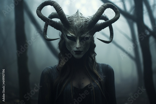 Horror, fantasy, sci-fi, culture and religion, make-up concept. Evil and demonic looking woman with horns and make-up horror and fantasy portrait. Dark moody background. Generative AI photo