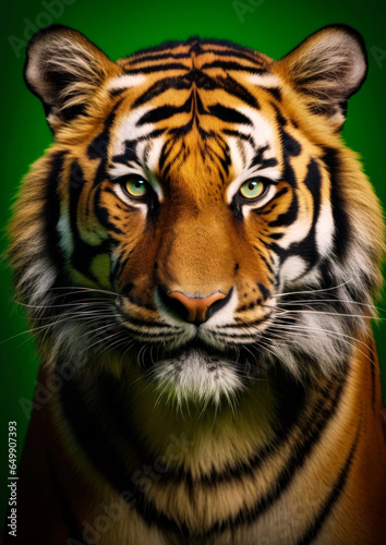 Animal portrait of a tiger on a green background conceptual for frame