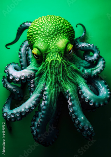 Animal portrait of a green octopus on a green background conceptual for frame