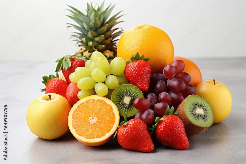 A mix of different fruits including grapefruit, orange, pineapple, lemon, and other citrus fruits on a gray table A mix of different fruits including grapefruit, orange, pineapple, lemon, and other citrus fruits on a gray table