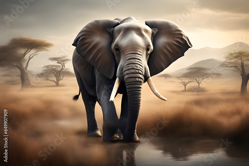 realistic image depicting a elephant with stunning shots in an attractive landscape. Ai generated.