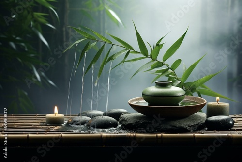 A serene spa setting with stacked smooth pebbles, bamboo leaves, and steam. Generative AI