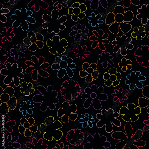 Black colorful floral seamless vector pattern. Wildflowers vector pattern. Line art blooming flowers vector.