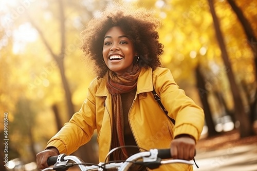 Pretty young black african american woman riding bicycle on the street smiling portrait. Having fun outdoors in the fall. Wear casual clothes in yellow tones. Afro hairstyle.