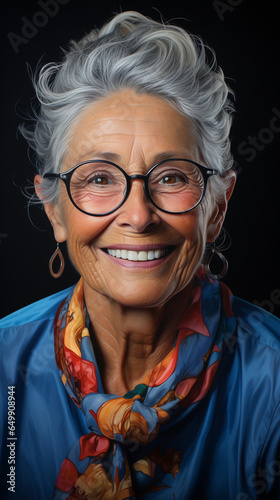 a beautiful Happy satisfied attractive confident old woman wearing glasses with charming radiant smile, realistic portrait, generated with AI photo