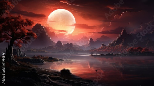 moon lunar sunset serene illustration background nature, mystical serenity, mysterious sea moon lunar sunset serene