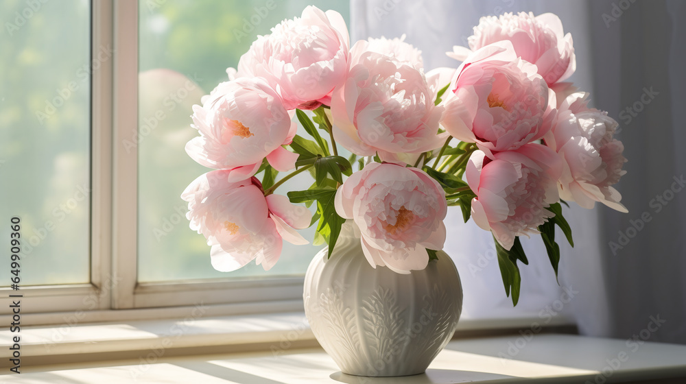 pink and white peonies flowers in a vase on the windowsill with sunbeams, with a white background in a room, product display presentation background or backdrop. ai generative - obrazy, fototapety, plakaty 