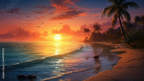 landscape sunrise on beach illustration sky sun, ocean summer, wave sunny landscape sunrise on beach