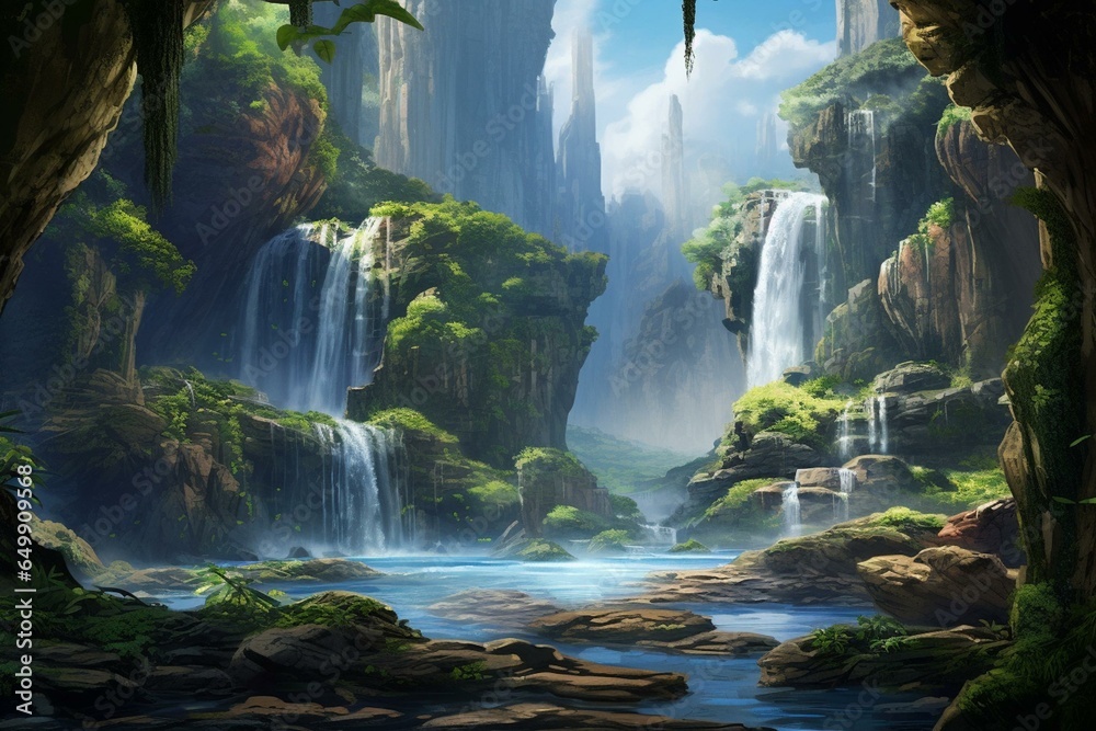 Explore the magnificent scenery with a breathtaking waterfall and hidden cave. Generative AI