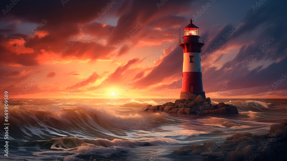 lighthouse at sunset with light rays. ai generative