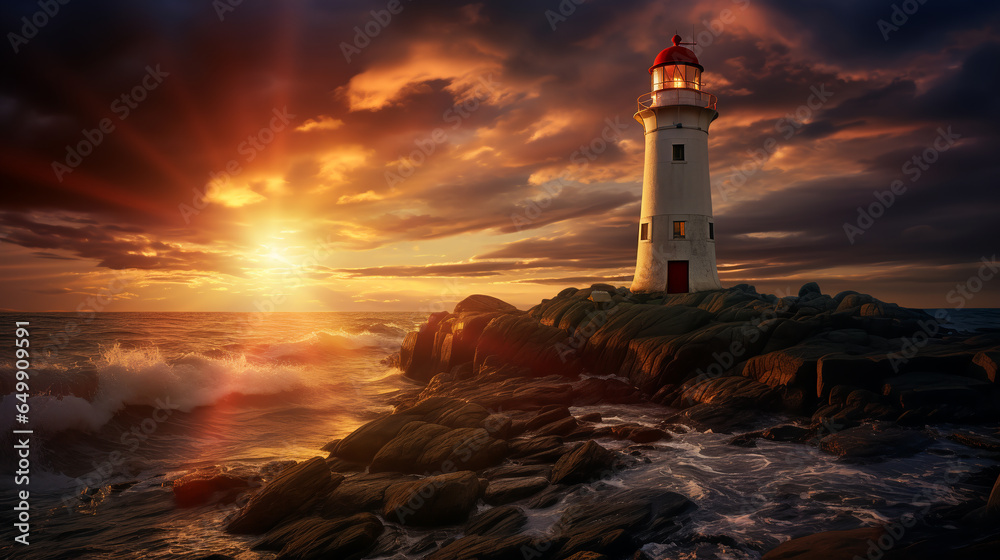 lighthouse at sunset with light rays. ai generative
