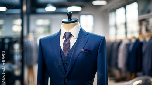 Men's shirt in the form of dark blue suits on a mannequin in the atelier. ai generative