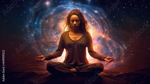 Woman in meditation Backlit Pose with calm and energy . Generative AI image weber.