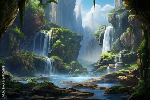 Explore the magnificent scenery with a breathtaking waterfall and hidden cave. Generative AI © Sawyer