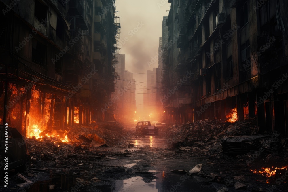 burning buildings. street perspective of a burning post apocalyptic city. war torn disaster. Devastated city.  - obrazy, fototapety, plakaty 