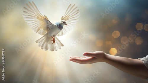 Hand and dove.light background. ai generative