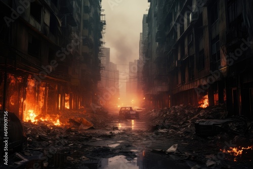 burning buildings. street perspective of a burning post apocalyptic city. war torn disaster. Devastated city. 