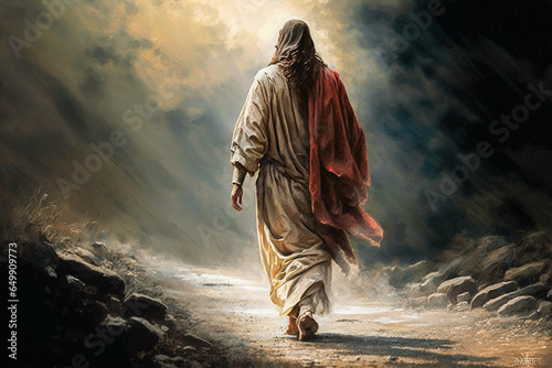 Illustration of Jesus Christ walking down a street. Back of Christ, Antiquity, History of Christianity, Faith and Freedom.