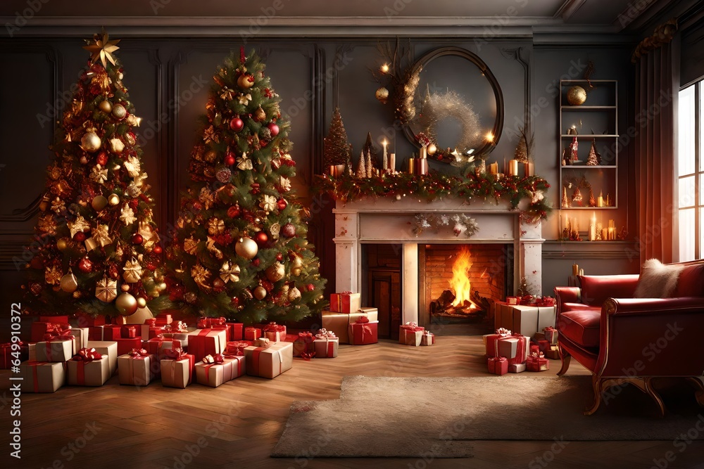 3d rendering Beautiful Christmas gift boxes on floor near fir tree in room