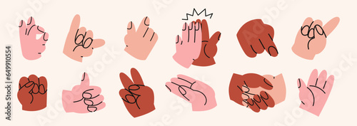 Cartoon groovy hands in various gestures. Set of hand signs and symbols. Stickers in retro style. Vector groovy illustration	