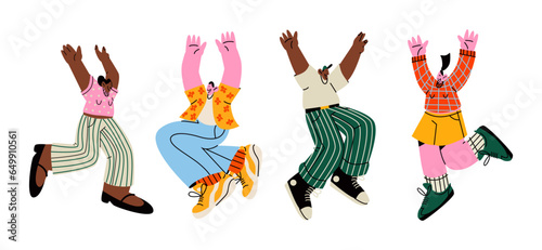 Happy cartoon retro characters in 90s style jumping. Groovy set of people in flight smiling women and men. Hippie funky illustration