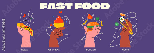 Retro cartoon hands fast food in 90s style. fast food concept hands holding sushi, pizza burger, ice cream. Delicious food, comical groovy funky illustration