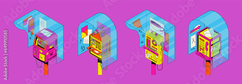 Set of vintage payphones, telephone booth in retro 90s style. Acid illustration of street communication medium coin telephone in groovy style