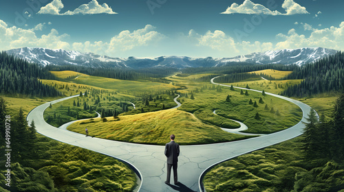 A person on two roads chooses the best chances for environmental protection. ai generative