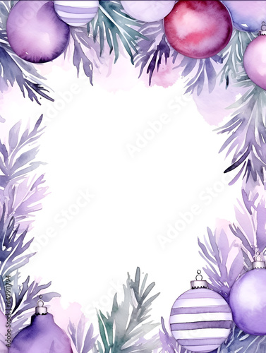 Watercolor illustration of purple Christmas ornament balls on white background with copy space