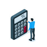 isometric man and calculator, in color on a white background, counting or accounting