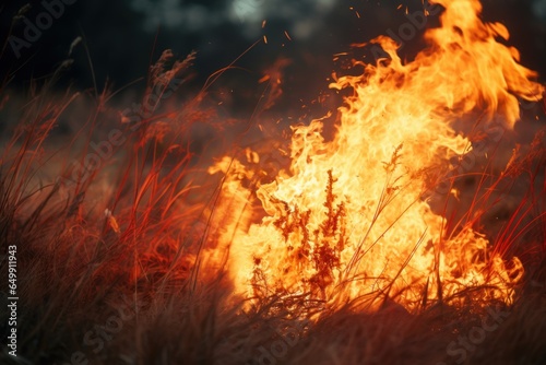 Dry grass is burning, fire in the field, forest, natural disaster, severe drought