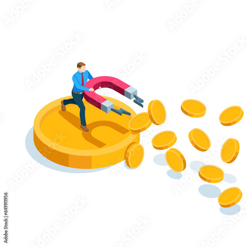 isometric business man with a powerful magnet attracts money, in color on a white background, attracting finance