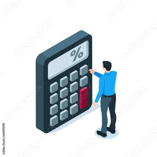 isometric man and calculator, in color on a white background, counting or accounting