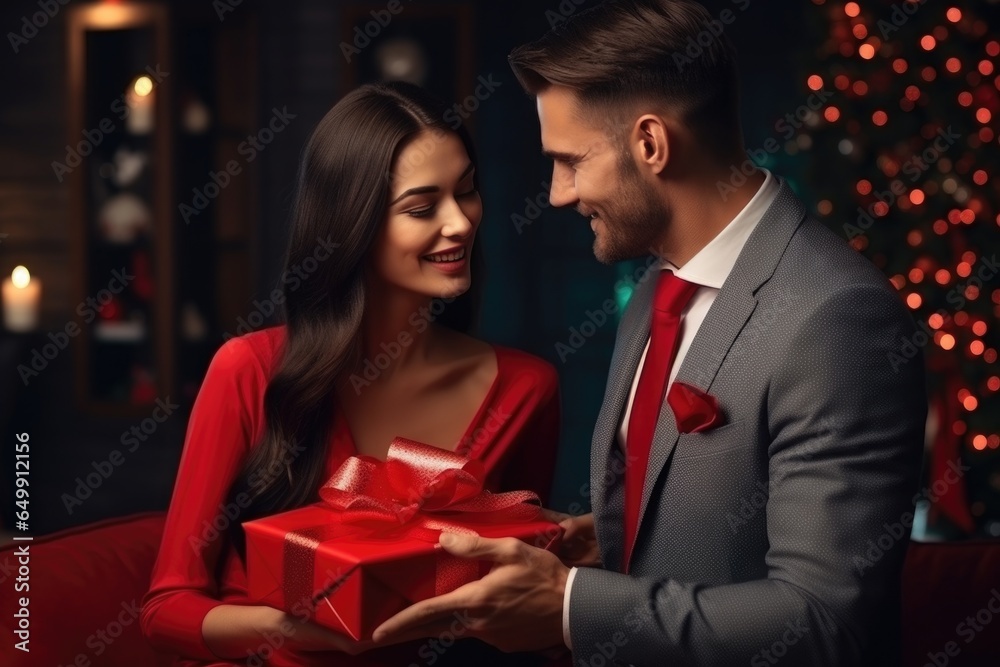 smiling man in a business suit gives a gift to a woman smiling man in a business suit gives a gift to a woman