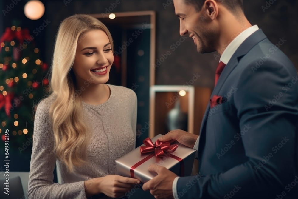 smiling man in a business suit gives a gift to a woman smiling man in a business suit gives a gift to a woman