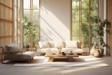 Bright and Sunny Stylish Living Room Filled with White Furniture and Natural Light. Tranquil Atmosphere and Connection to Nature Emphasized