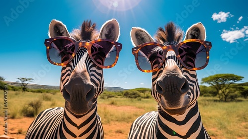 Selfie photo of zebras with sunglasses in the savannah. Sunny day, cute and colorful 