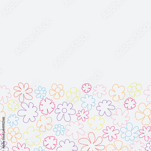 White colorful floral seamless vector border pattern. Wildflowers vector horizontal border. Line art flowers vector.