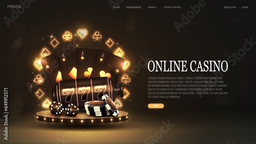 A web banner with black and gold poker cards, dice, chips and a casino slot machine on a podium with a neon glowing frame of suits on a dark background with text.
