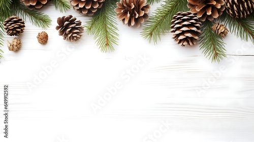 Christmas background with xmas tree and fir cones on white background. Space for text