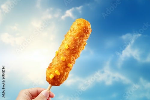 Appetizing Corn dog banner. Fried style food. Generate Ai photo