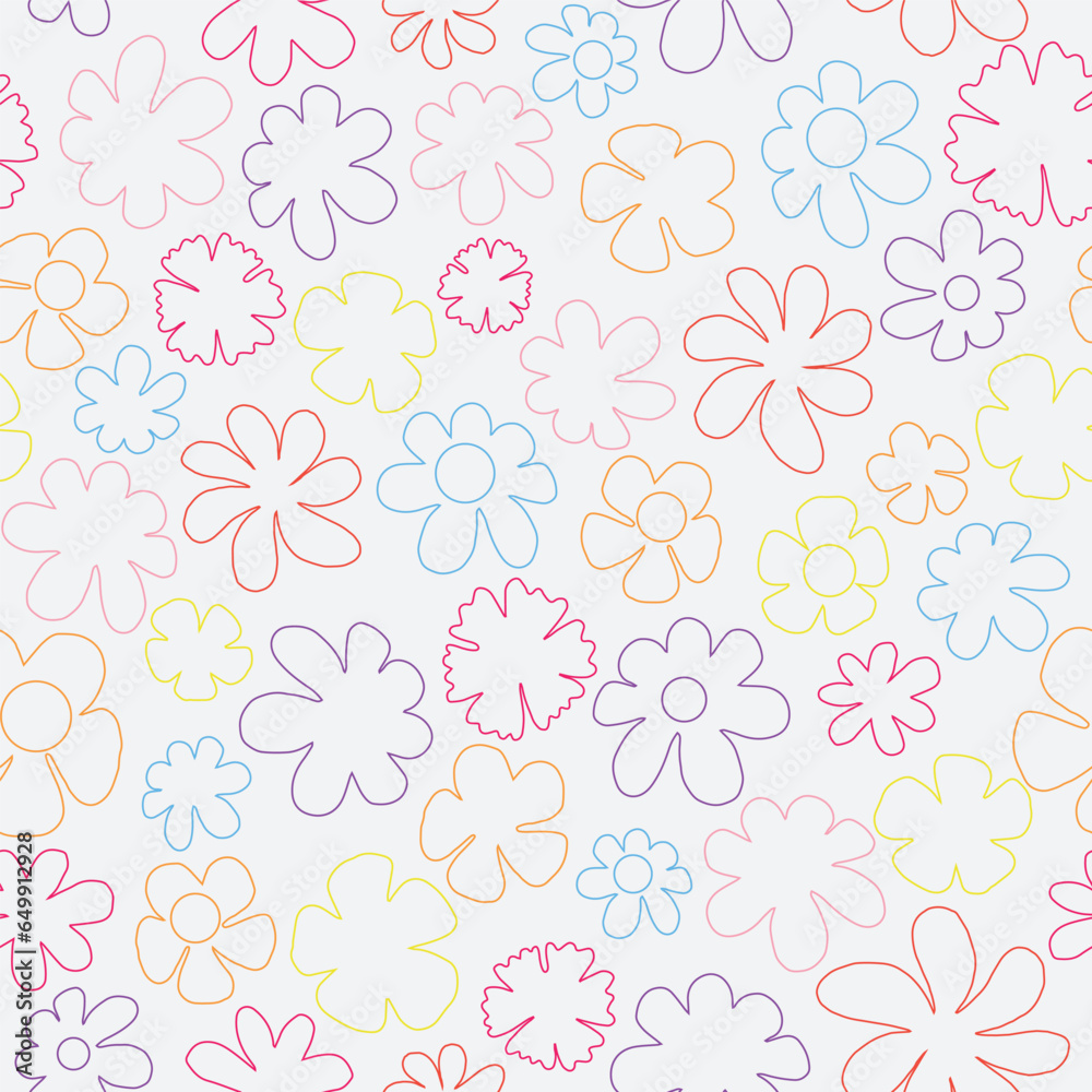 White colorful floral seamless vector background pattern. Wildflowers vector pattern. Line art flowers vector.