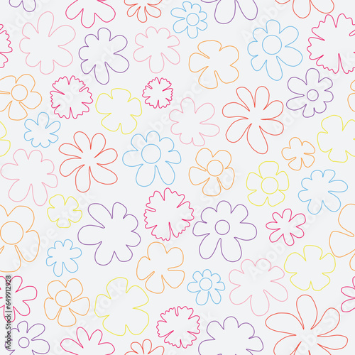 White colorful floral seamless vector background pattern. Wildflowers vector pattern. Line art flowers vector.