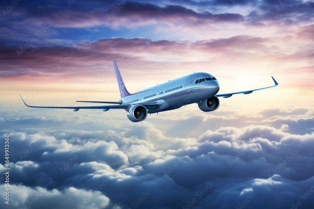 Passenger plane in the clouds. Generative AI Passenger plane in the clouds. Generative AI